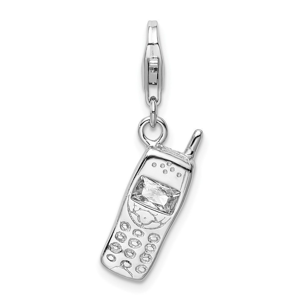 Sterling Silver Polished CZ Cell Phone Bracelet Charm with Fancy Lobster Clasp
